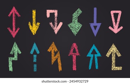 Chalk pointers. Colorful grunge texture chalk pencil arrows, rough abstract indicating shapes flat vector illustration set. Hand drawn charcoal arrows