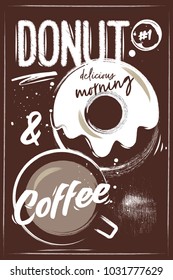 Chalk Poster with Donut and Cup of Coffee. Brown Background