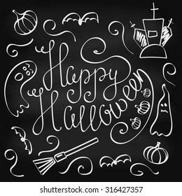 Chalk poster with lettering Happy Halloween and doodle elements. Hand drawn vector illustration.