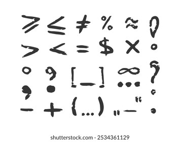 Chalk punctuation marks, charcoal symbols by pencil, hand drawn lines, parentheses, plus, minus, more, less, question and exclamation marks, infinity, comma, dot, percentage, lines. Grunge crayon