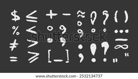 Chalk punctuation marks, charcoal symbols by pencil, hand drawn lines, parentheses, plus, minus, more, less, question and exclamation marks, infinity, comma, dot, percentage, lines. Grunge crayon