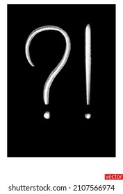 Chalk question mark and index mark drawn in isolation on a black background. Texture chalk. White chalk exclamation mark. Interrogative exclamation. Vector