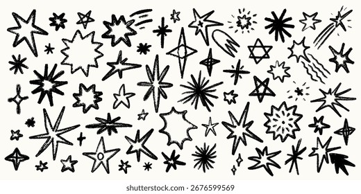 Chalk and rayon pencil Star set on light background brush pastel sketch. Chalk star elements with grain texture and pencil line. Perfect for posters, stickers, wallpaper, and fabric