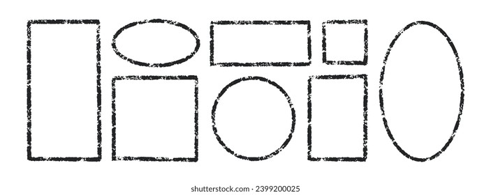 Chalk rectangle and oval frames set. Hand drawn pencil square and circle borders. Ink empty rectangle stamp. Grunge black text frame. Vector illustration isolated on white background.