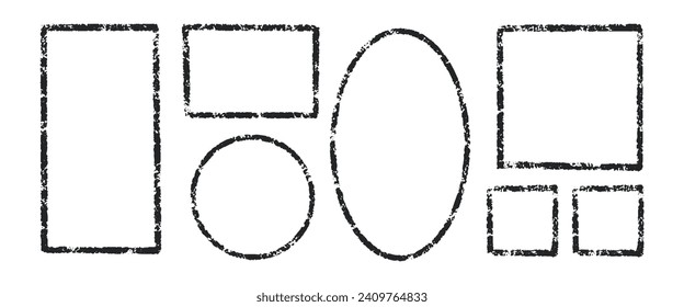 Rechteck und ovale Rahmen. Handgezeichneter Bleistift-Quadrat und Kreisrahmen. Tinte leeren Rechteckstempel. Grunge schwarze Textrahmen. Vektorgrafik einzeln auf weißem Hintergrund.