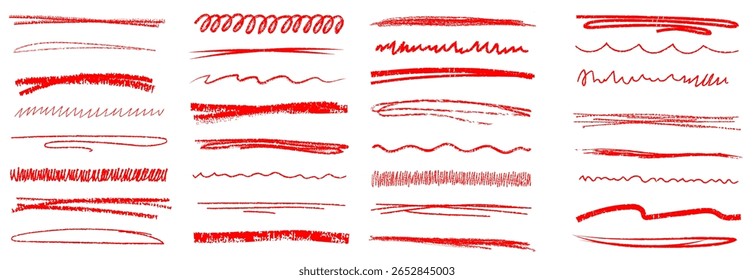 Сrayon or chalk red brush underline stroke set. Big collection of charcoal texture red pencil highlight stroke for accent, emphasis effect. Vector illustration