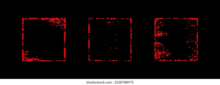Chalk red minimalistic squares. Crayon hand drawn grunge square shapes on black background. Charcoal frames