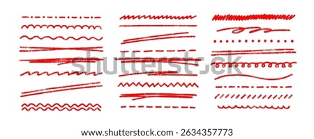Chalk red underline lines. Charcoal texture lines set isolated on white background. Scribble crayon lines vector set. Grunge different chalk strokes, crayon drawing dividers. Red horizontal lines.