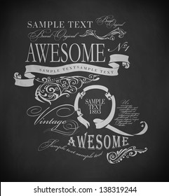 Chalk retro awesome typography, calligraphic design elements, page decoration and labels of drawing with chalk on blackboard