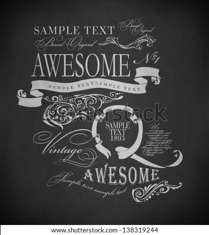 Chalk retro awesome typography, calligraphic design elements, page decoration and labels of drawing with chalk on blackboard