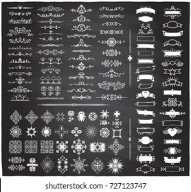 Chalk retro graphic line elements, dividers and monogram frames, ribbons set on a blackboard, hand drawn vector illustration