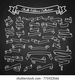 Chalk ribbons Collection hand draw on black board vector illustration. Set ribbons different shapes and sizes painted white chalk on a black background vector image