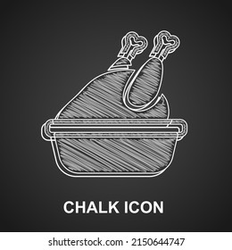 Chalk Roasted turkey or chicken icon isolated on black background.  Vector