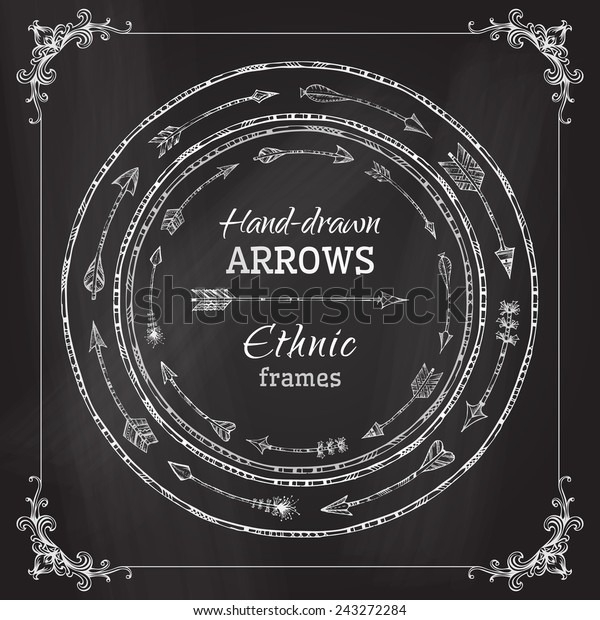 Chalk round frames of ethnic arrows. Hand-drawn\
arrows on chalkboard background. There is place for your text in\
the center.