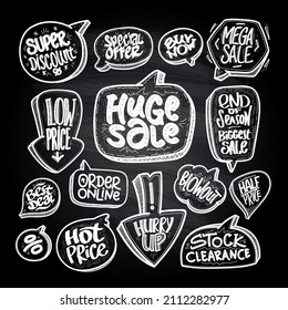 Chalk sale vector signs and prints set - huge sale, super discount, special offer, buy now, mega sale, low price, best deal, end of season mega sale, half price, order online, hot price, etc.