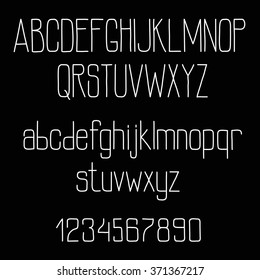 Chalk San Serif Font Alphabet On Blackboard With Tall And Thin Letters And Numbers. Retro Font For Education Or Typography Design