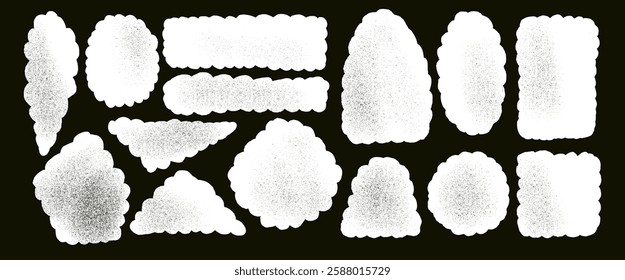 Chalk scallop shape set. Grunge noise text boxes frames pack. Oval, circle and triangle figures. Vector chalk drawn quotation stickers shapes. Flat geometric figures illustration isolated.