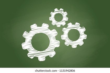 Chalk, school blackbord. cogwheels chaos brain. Cogwheel, gear mechanism settings tools. Fun drawing vector gears person icon or sign. Service cog brain pattern or template banner. Think big