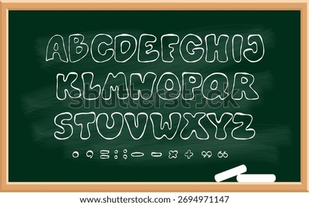 Chalk school green board with outline white textured letters. Isolated Crayon bubble alphabet, punctuation marks and symbols hand drawn doodles for design back-to-school. Vector illustration. Not AI
