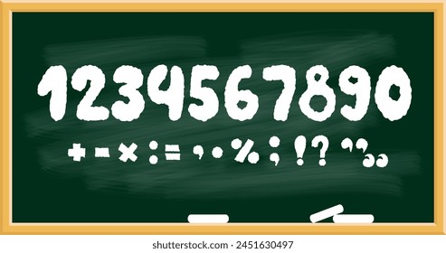 Chalk school green board with white textured numbers and signs. Vector illustration. Isolated hand drawn doodles for design and decoration