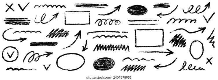 Chalk-Schreib-Pfeil, Linien-Pinselsatz. Markierungselemente, unterstreichen, handschriftlich. Vektorhandgezeichneter Schreib, Marker-Sketch-Pinselstruktur. Rough Kreide, Vektorgrafik