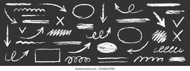 Flecha de garabato de marcado, conjunto de pincel de línea. flecha de lápiz, subrayado, elementos de comprobación de marca manuscrita. Crayón de garrapatas dibujado a mano con vectores, textura de pincel de esbozo con marcador. Ilustración vectorial de tiza dura