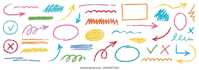 Chalk scribble arrow, line brush set. Crayon arrow, underline, handwritten mark check elements. Vector hand drawn scribble crayon, marker color brush texture. Rough chalk vector illustration