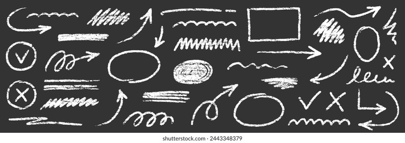 Chalk scribble arrow, line brush set. Crayon arrow, underline, handwritten mark check elements. Vector hand drawn scribble crayon, marker sketch brush texture. Rough chalk vector illustration