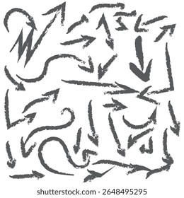 Chalk scribble arrow, line brush set. Crayon arrow, underline, handwritten mark check elements. Vector hand drawn scribble crayon, marker sketch brush texture. Rough chalk vector illustration