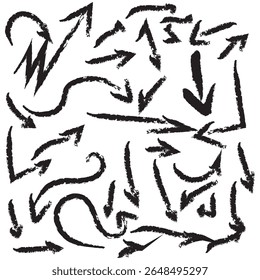 Chalk scribble arrow, line brush set. Crayon arrow, underline, handwritten mark check elements. Vector hand drawn scribble crayon, marker sketch brush texture. Rough chalk vector illustration