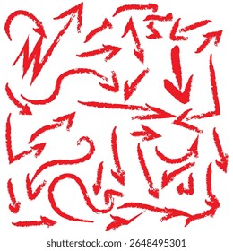 Chalk scribble arrow, line brush set. Crayon arrow, underline, handwritten mark check elements. Vector hand drawn scribble crayon, marker sketch brush texture. Rough chalk vector illustration