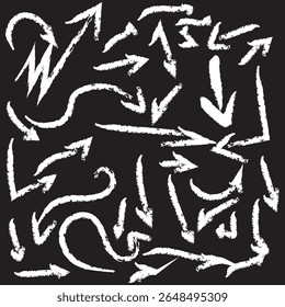 Chalk scribble arrow, line brush set. Crayon arrow, underline, handwritten mark check elements. Vector hand drawn scribble crayon, marker sketch brush texture. Rough chalk vector illustration