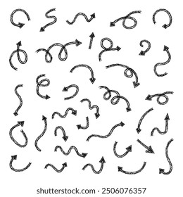 Chalk scribble arrows set. Collection of handdrawn crayon line elements on a white backgraund.