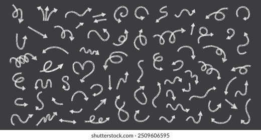 Chalk scribble arrows set. Collection of handdrawn crayon line elements.