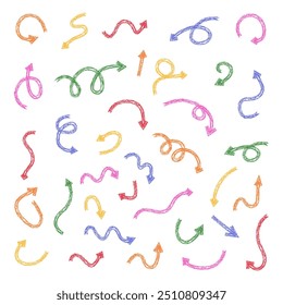 Jeu de flèches de griffonnage de craie. Collection d'éléments en ligne dessinés à la main.