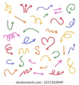 Jeu de flèches de griffonnage de craie. Collection d'éléments en ligne dessinés à la main.