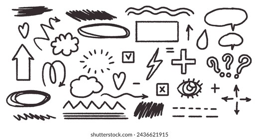 Chalk scribble doodle arrow, line elements set. Crayon arrow, underline, handwritten mark check. Rough hand drawn marker sketch with brush grunge texture. Vector illustration of kids pencil drawing.