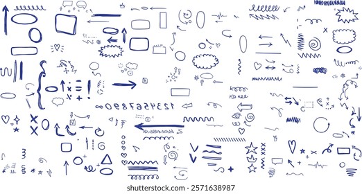 Chalk scribble doodle arrow, line elements set. Crayon arrow, underline, handwritten mark check