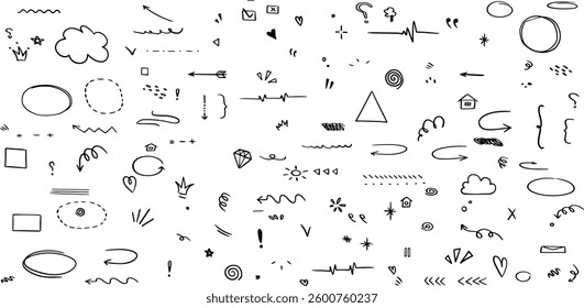 Chalk scribble doodle arrow, line elements set. Crayon arrow, underline, handwritten mark check.