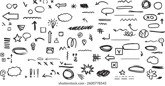 Chalk scribble doodle arrow, line elements set. Crayon arrow,
