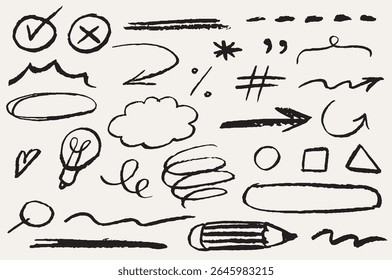 Chalk scribble doodle arrow, line elements icon set. Underline, handwritten highlight marker shape. Rough hand drawn sketch with brush grunge texture. Vector chalkboard illustration of pencil drawing.