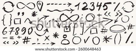 Chalk scribble doodle arrow, line elements set. Arrow, underline, handwritten mark check. Rough hand drawn marker sketch with brush grunge texture. Vector chalkboard illustration of pencil drawing.