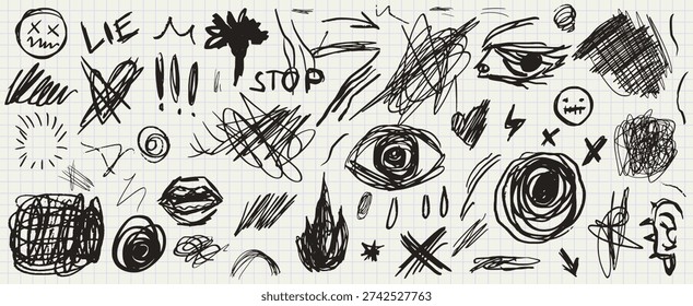 Chalk scribble doodle element set for poster, social media. Handwritten doodles. Rough emotional hand drawn marker sketch with brush grunge texture. Vector illustration of teens chaotic pencil drawing