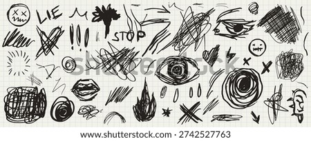 Chalk scribble doodle element set for poster, social media. Handwritten doodles. Rough emotional hand drawn marker sketch with brush grunge texture. Vector illustration of teens chaotic pencil drawing