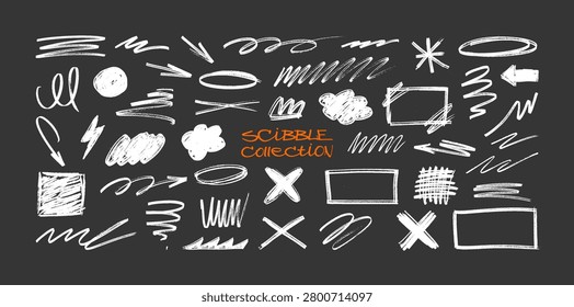 Chalk scribble doodle marks collection, High level of detail. Hand-drawn chalk scribble vector set with arrows, circles, frames, lines, symbols, and rough sketch marks. Vector crayola elements set