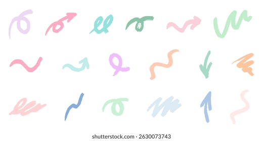 Chalk scribble paint brush arrow, oval, line set. Crayon handwritten arrow elements. Hand drawn scribble crayon color brush texture. Rough chalk vector illustration isolated on white background.