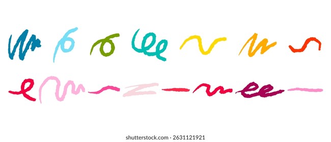 Chalk scribble paint brush line set. Crayon handwritten abstract elements. Hand drawn scribble crayon, marker color brush texture. Rough chalk vector illustration isolated on white background.