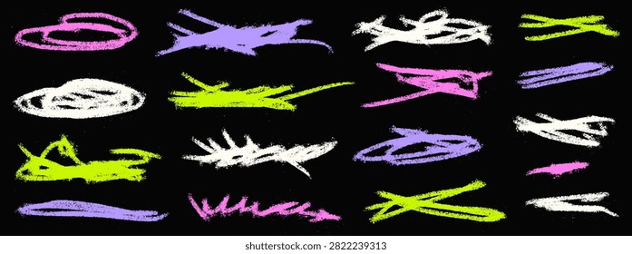 Chalk scribble scratch with pencil note doodle in pink neon for diary and blackboard art. Funky color crayon or pastel underlines csrawl. Hand drawn vector chalk scribble pack isolated.