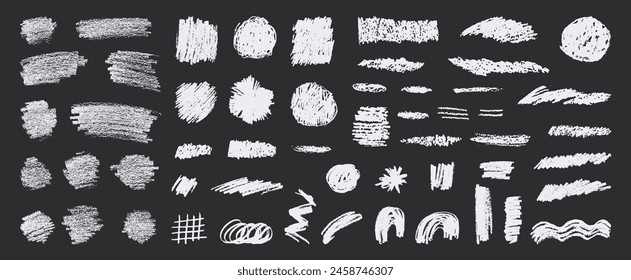 Chalk scribble textures. Vector hand-drawn set. Charcoal crosshatch textured circles, squares, underlines and rainbow shapes. Isolated chalk smears, scrawls, scratches. Kids drawing on blackboard