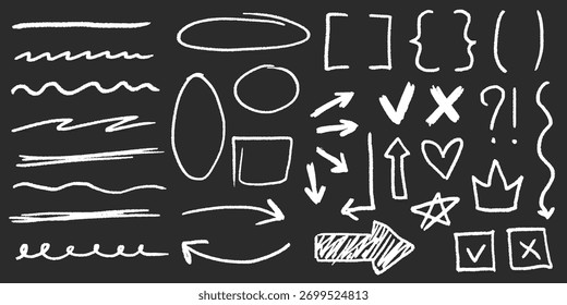 Rabiscos de giz com grão de carvão, coroas punk, rabiscos nervosos, traços bagunçados, formas abstratas e rabiscos texturizados.